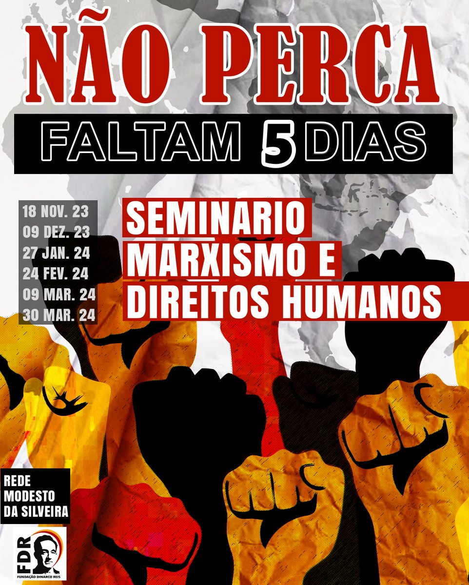 FDinarcoReis's tweet photo. FALTAM 05 DIAS PARA O ÍNICIO DO SEMINÁRIO MARXISMO E DIREITOS HUMANOS!

Um debate sobre direitos humanos à luz da teoria marxista, das experiências socialistas e das lutas populares

Organização: Rede Modesto da Silveira e Fundação Dinarco Reis 

+ https://t.co/hBKyLc1lIJ