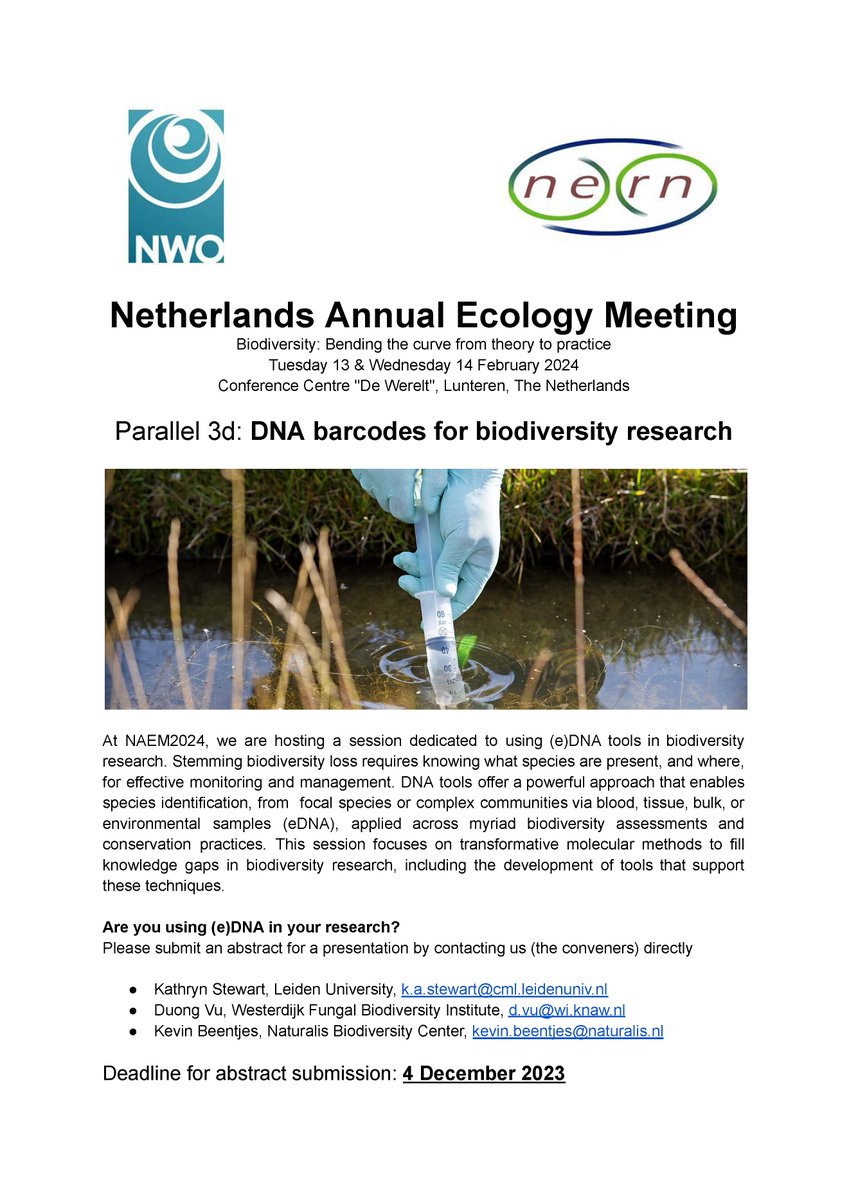 Working with #eDNA or other #DNAbarcoding data for biodiversity research? Submit your abstract for a presentation at #NAEM2024 to session 3d. I'll be co-chairing with @KevinBeentjes and Duong Vu. Hope to see you there! @cml_biodiv @LeidenScienceEN @Naturalis_Sci