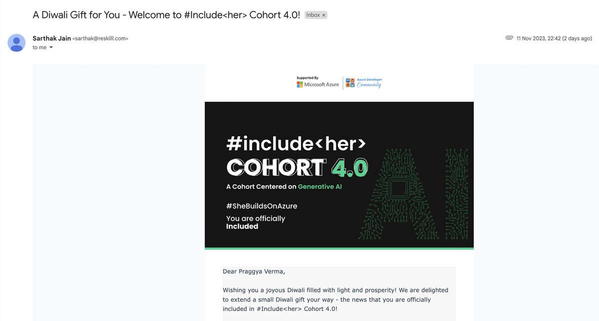 vpraggya's tweet photo. Officially included in #include<her>cohort 4.0 GenAI edition!
this is the best Diwali gift I could ask for. thank you so much @mrsarthak001 sir and @roopal_mittal21 ma'am for the opportunity! excited to be a part of this amazing community again after cohort 2.0 #SheBuildsOnAzure https://t.co/GMmbVeFz3u