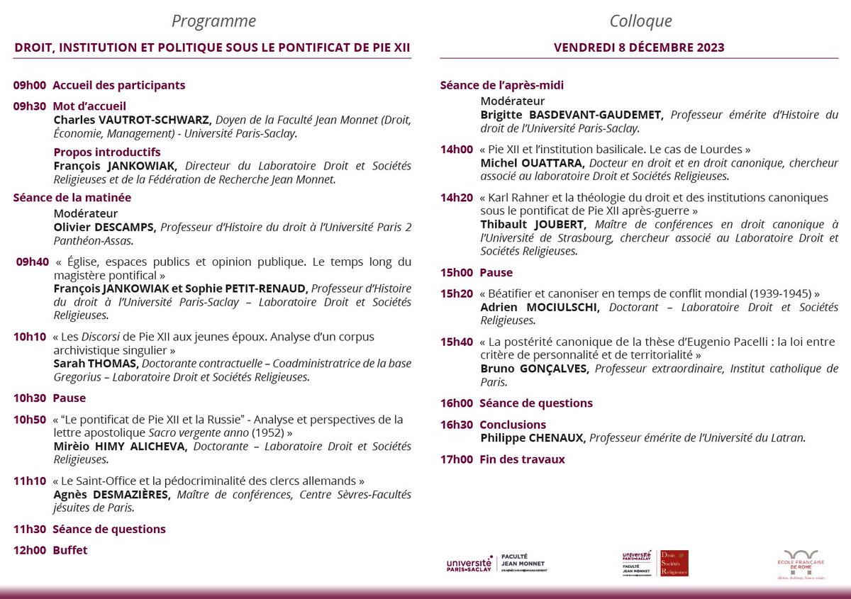 👉 8/12/2023, "Droit, institution et politique sous le pontificat de Pie XII", colloque à Sceaux <a href="/FJMOfficiel/">Faculté Jean Monnet Paris-Saclay Officiel</a> de Droit et sociétés religieuses (partenariat @Globalvat1). Parmi les intervenants: François Jankowiak, <a href="/PBrunoco/">PBrunoco</a>, Philippe Chenaux, Agnès Desmazières @Centre_Sevres 👇
