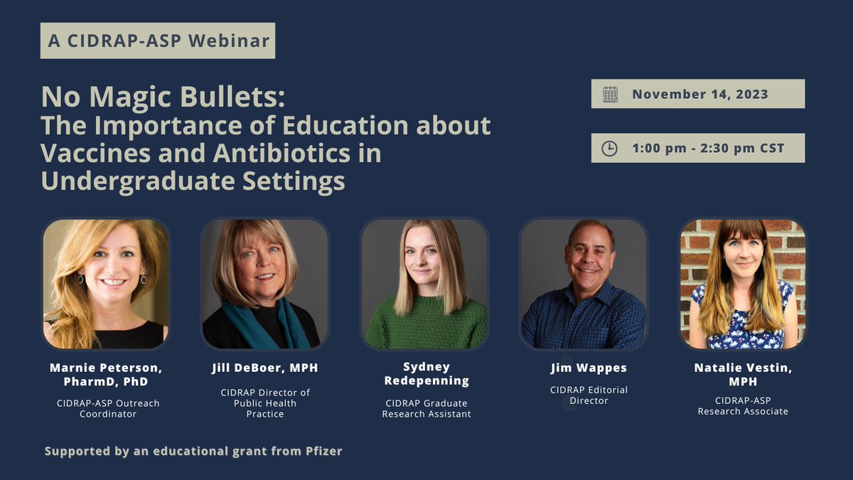 Tomorrow, Nov 14! Join us to learn how to teach undergraduate students about the roles of antibiotics and vaccines in infectious disease outbreaks. This rich discussion is led by staff who have incorporated these topics into compelling coursework cidrap.umn.edu/antimicrobial-…