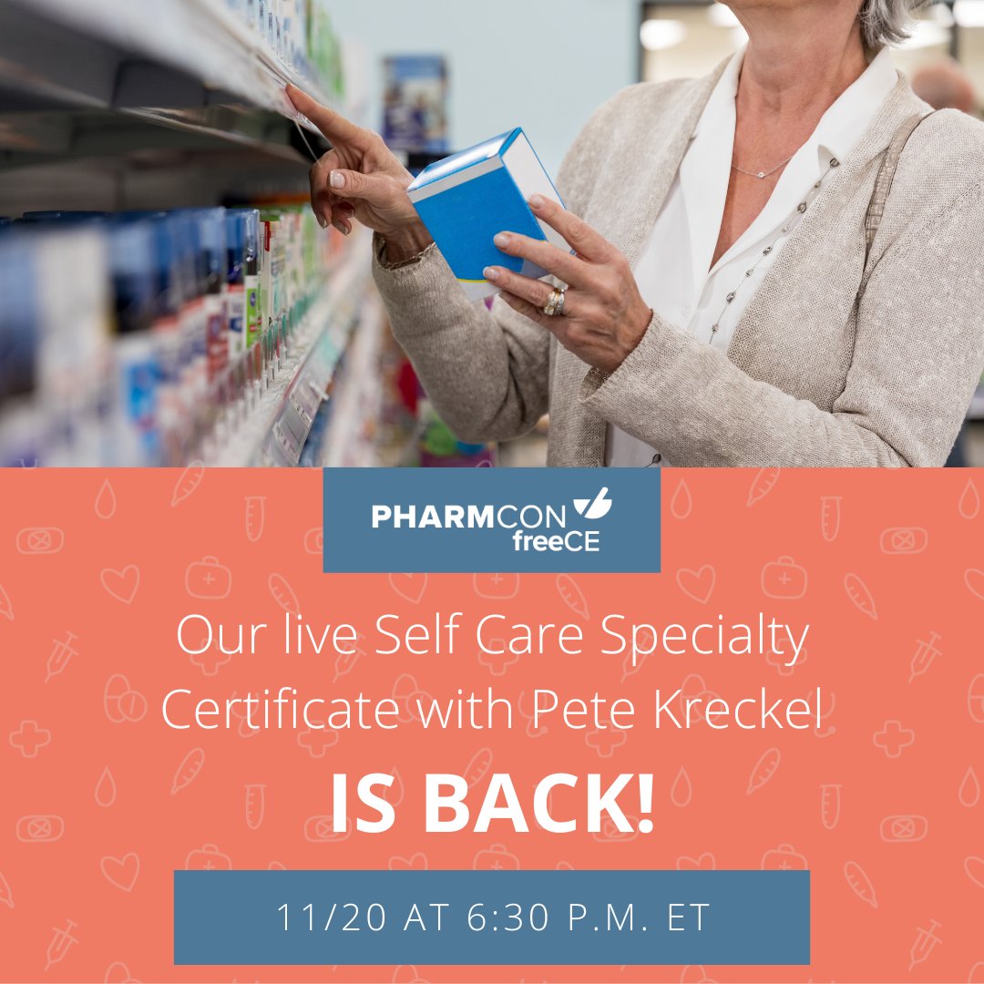freeCEonline's tweet image. Back by popular demand, Professor Pete Kreckel is offering another live Self Care Specialty Certificate webinar on 11/20 at 6 PM ET. 

We invite #freeCE members to partake in this conversation on #OverTheCounter drugs and devices. Save your seat ASAP!

#OTCdrugs #OTC #OTCdevices