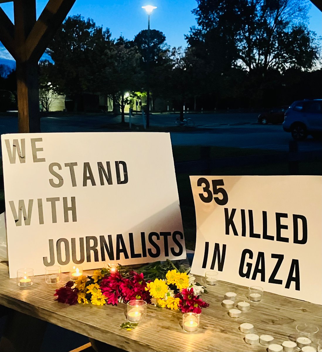 Katie King (@katiekingcst) on Twitter photo My coworker <a href="/nourhb/">Nour Habib</a> & I held a small vigil to honor those being killed.
As the Committee to Protect Journalists <a href="/pressfreedom/">Committee to Protect Journalists</a> says “During any conflict, journalists are civilians under international humanitarian law. They must be respected and protected.”
#gaza #journalism My coworker <a href="/nourhb/">Nour Habib</a> & I held a small vigil to honor those being killed.
As the Committee to Protect Journalists <a href="/pressfreedom/">Committee to Protect Journalists</a> says “During any conflict, journalists are civilians under international humanitarian law. They must be respected and protected.”
#gaza #journalism