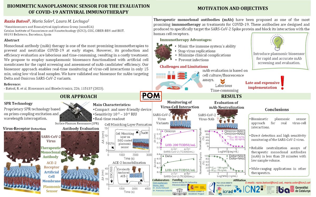 Presenting a poster at @PhotonicsMeetup (POM23), Nov 13-14, 2023 on ¨BIOMIMETIC NANOPLASMONIC SENSOR for COVID-19 ANTIVIRAL IMMUNOTHERAPY EVALUATION¨ #COVID19Immunotherapy #ScienceInnovation #PosterSession #POM23  #POM23_HOTTOPIC