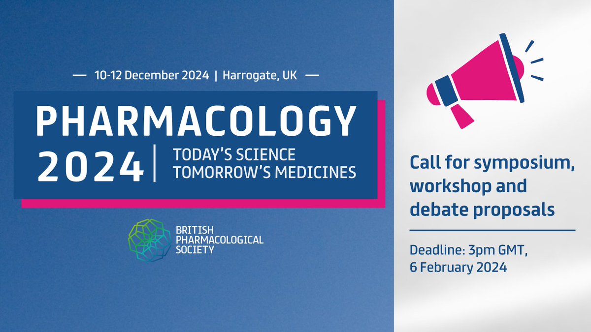 📣 Call for symposium, workshop &amp; debate proposals for #Pharmacology2024 now open!

We invite you to submit your proposals by Tuesday, 6 February 2024, 3pm GMT.

More information can be found on the submission portal: ow.ly/Xii750Q72Gz

#Pharmacology #ClinicalPharmacology