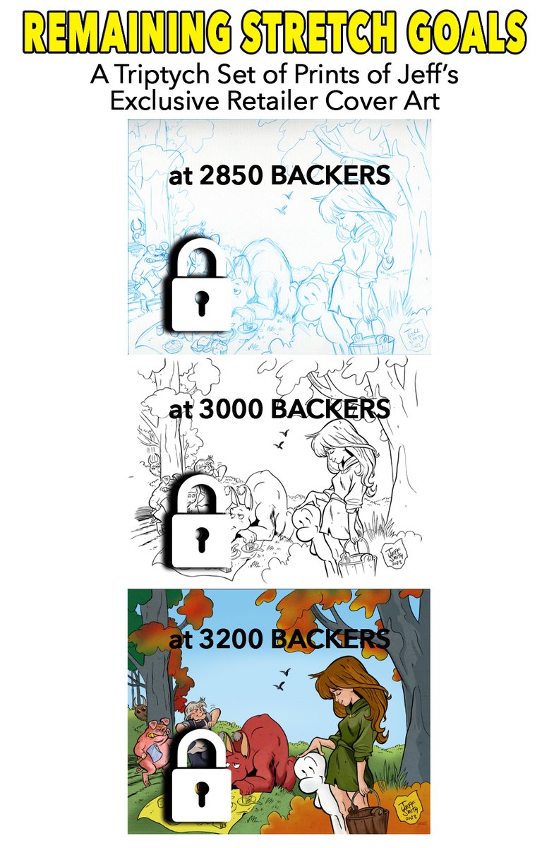 The THORN Kickstarter ends on Friday at noon!
We're only 7 backers away from unlocking the next stretch goal, which is the 1st of the triptych set of prints!

kickstarter.com/projects/carto…

#comics #books #graphicnovels #jeffsmith #bonecomics #cartoonbooks #THORN #TUKI #RASL