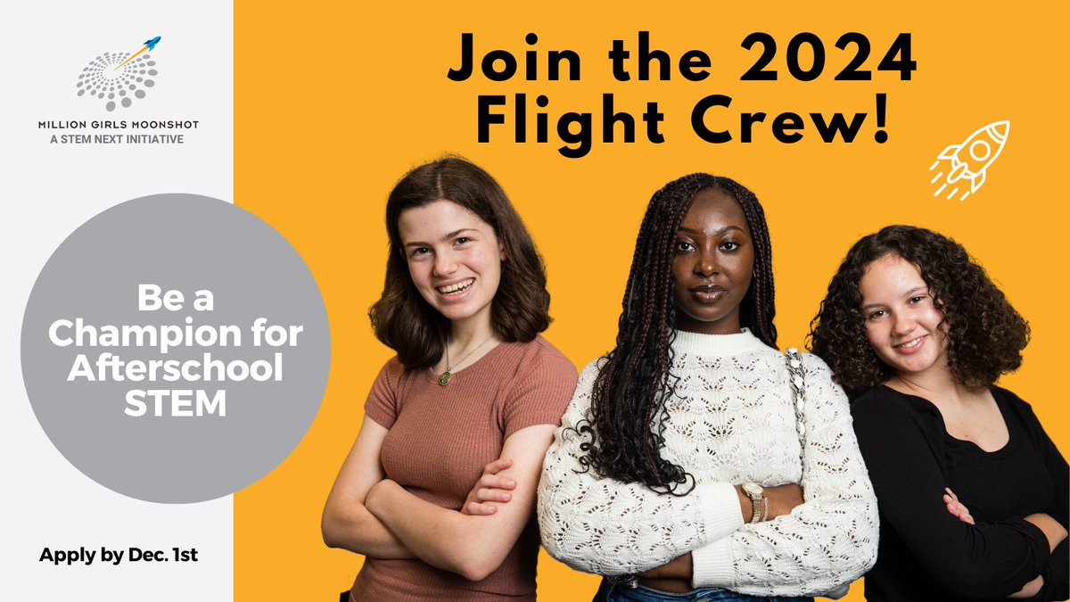 The @girlsmoonshot Flight Crew members are using their voices and experiences to raise the issue of equity for young people in #STEM! Encourage young leaders in your community to apply today: tinyurl.com/FlightCrew24