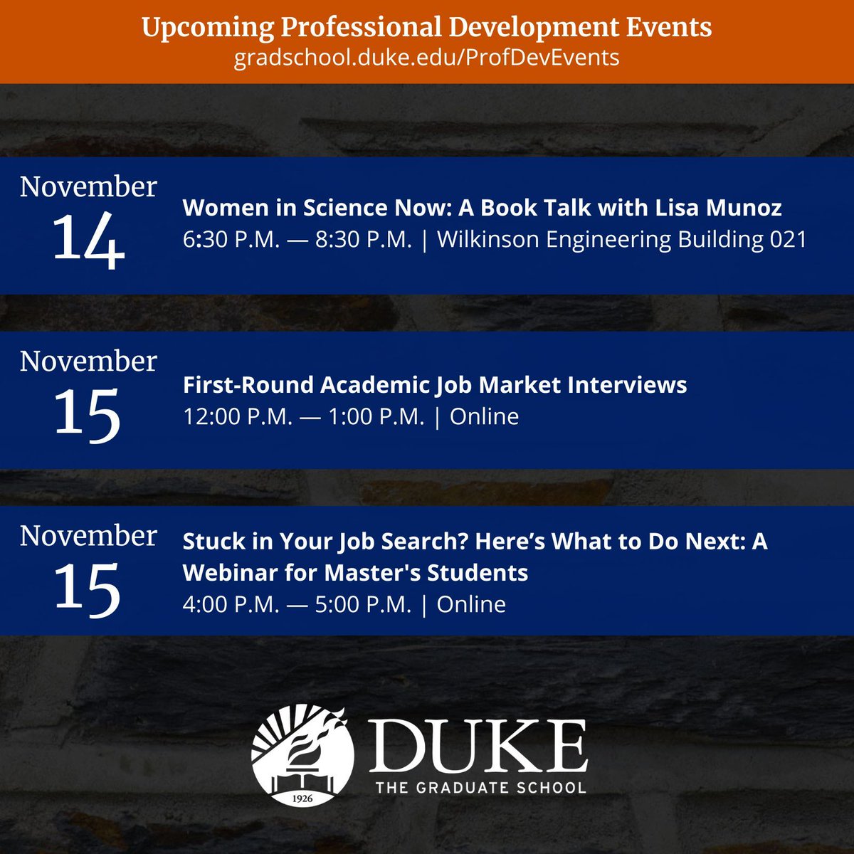 DukeGradSchool's tweet photo. Happy Monday Blue Devils!💙 Sign up for this week's professional development events and get a head start on your career goals. 📝 Register with the link below. #GradProfDev

https://t.co/T7iOyXFXN9 https://t.co/7TL45yAzhX