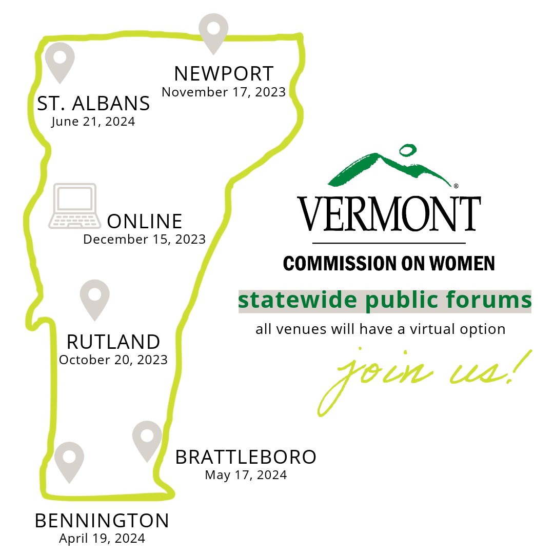 VCW is hitting the road!📢 Join us in NEWPORT for an engaging public forum. Can’t make it? Meet us virtually! women.vermont.gov/vcw-embark-sta…
