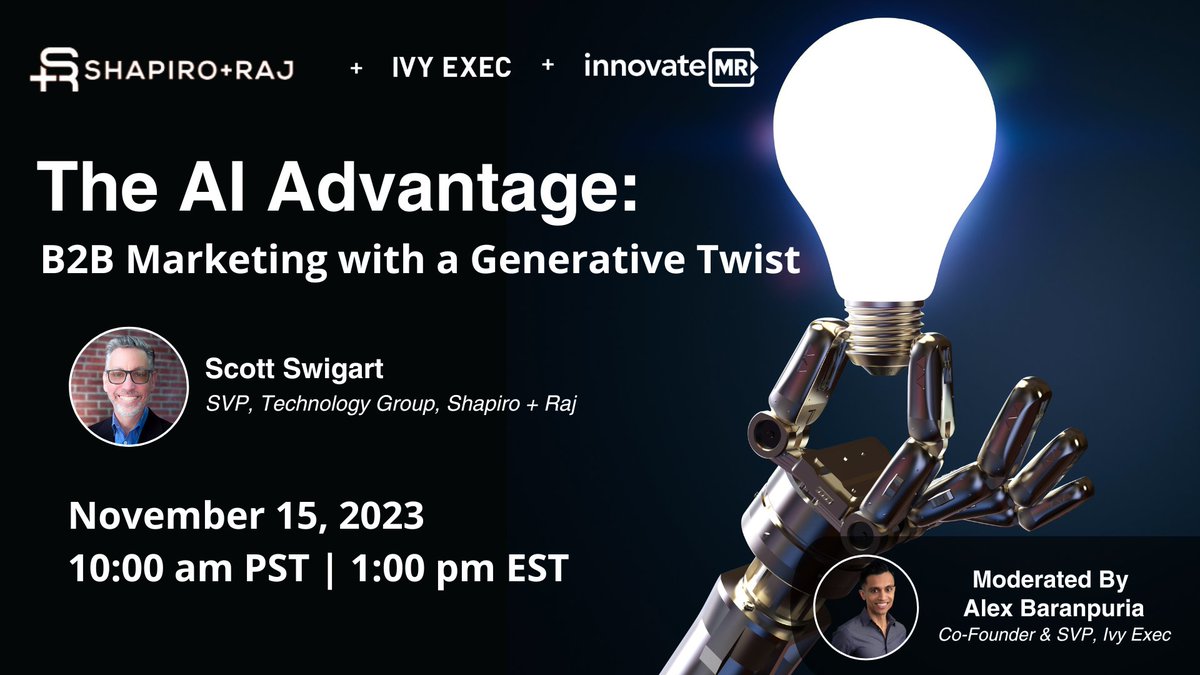 Last chance alert! Don't miss our highly-anticipated webinar, "The AI Advantage: B2B Marketing with a Generative Twist,"  presented by InnovateMR and Ivy Exec and moderated by our very own Alex Baranpuria.