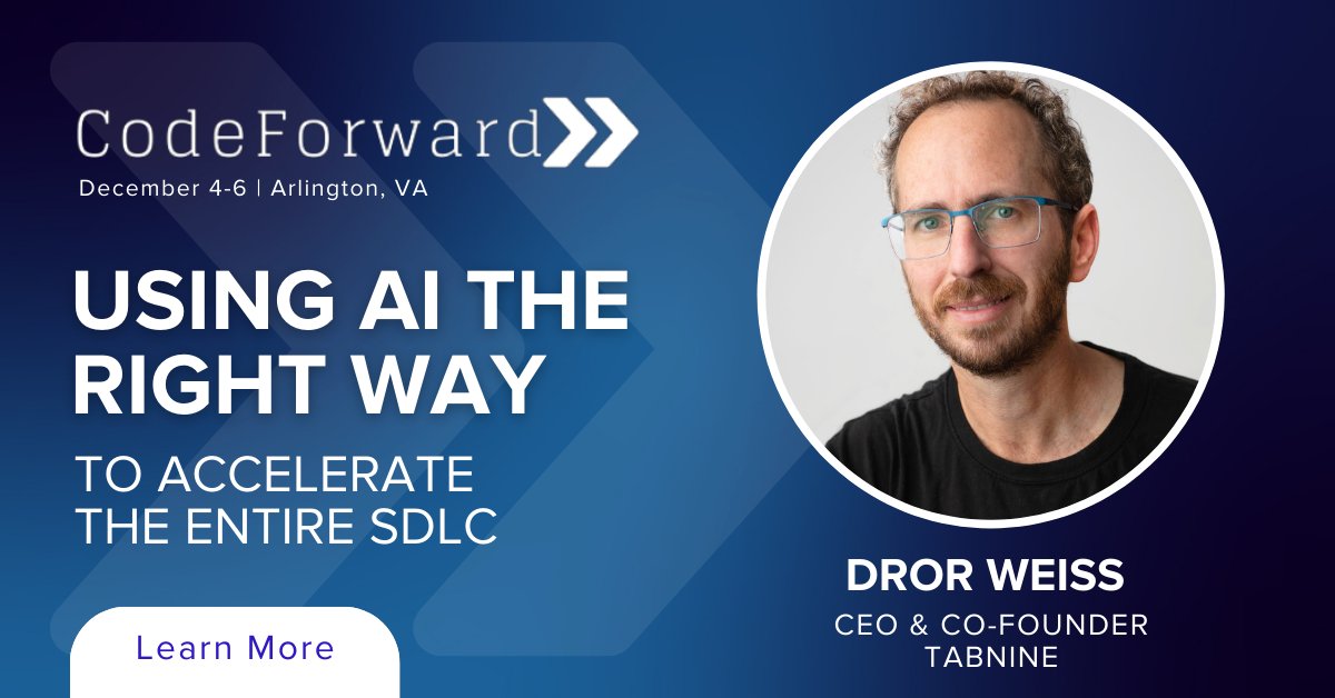 codeforward_'s tweet photo. AI is reshaping software development, empowering developers at every stage: from automating routine code tasks to enhancing onboarding &amp; code consistency. 

Hear from @tabnine CEO Dror Weiss; get your ticket: https://t.co/pWXSUbPiqw

#GenerativeAI #GenAI #AICoding #AIDeveloper https://t.co/piX79jtwXe