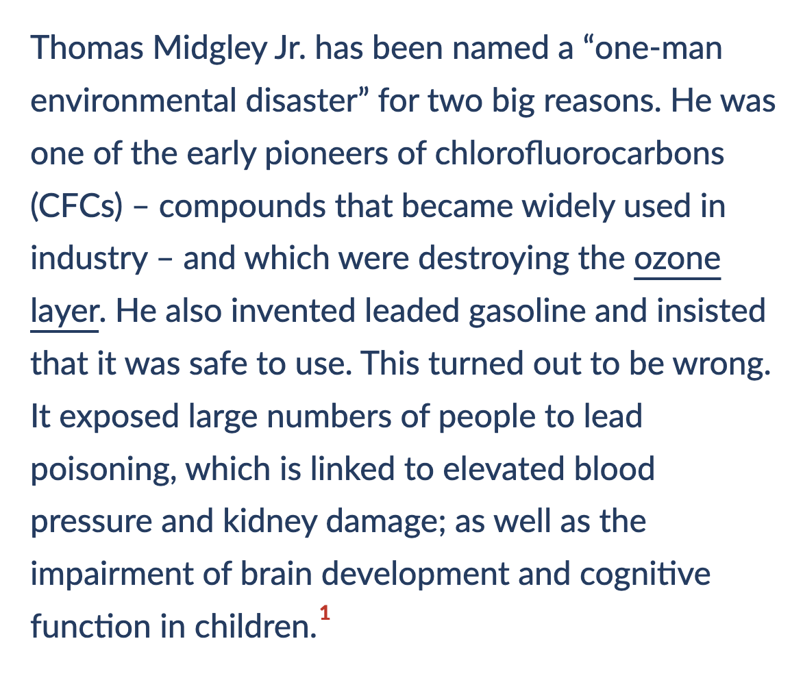 AlecStapp's tweet image. Inventing both CFCs and leaded gasoline is a supervillain-level achievement
