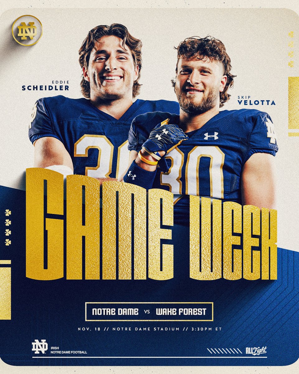 Game Week

🆚 Wake Forest
📆 Saturday, Nov. 18
🕞 3:30 pm ET
📺 NBC
🎟 bit.ly/3tZzHlf

#GoIrish☘️