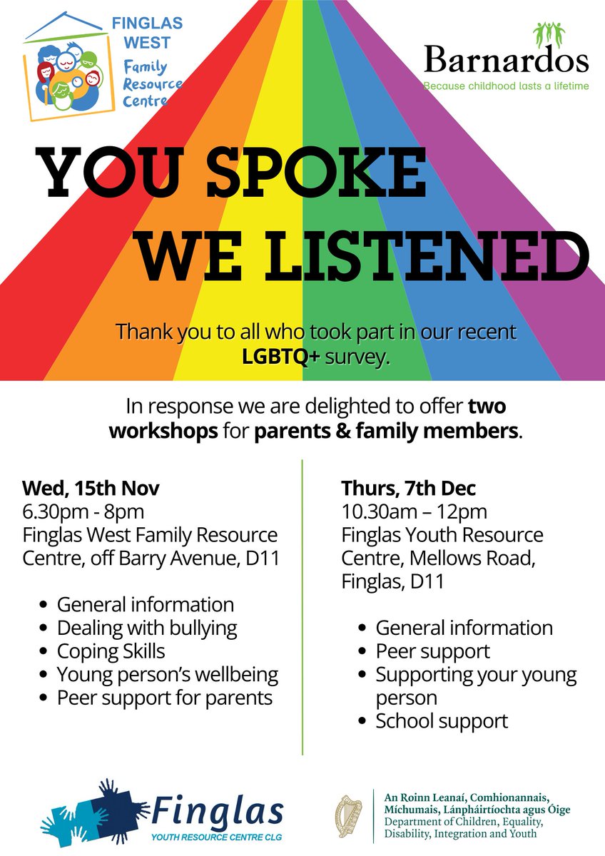 📢 Our Finglas West Family Resource Centre is hosting 2 workshops for parents, guardians & family members, on how to support LGBTQ+ young people, facilitated by @TENI_Tweets 📅Wed 15th Nov ⏰6:30 - 8pm And 📅Thurs 7th Dec ⏰10:30am - 12pm Register 👇 forms.office.com/e/0X0xpPcdJA