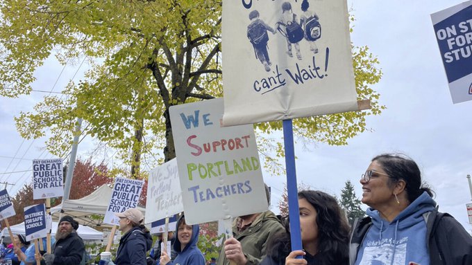 bulli0n_'s tweet photo. Portland teachers strike for the third week, demanding racial equity training alongside traditional negotiations. 

The Portland Association of Teachers seeks higher pay, better conditions, and professional development addressing racial equity and implicit bias. 

Critics, like Betsy DeVos, accuse unions of prioritizing political goals over students. #Portland #Education #Equity https://t.co/VaK1nAhAbg