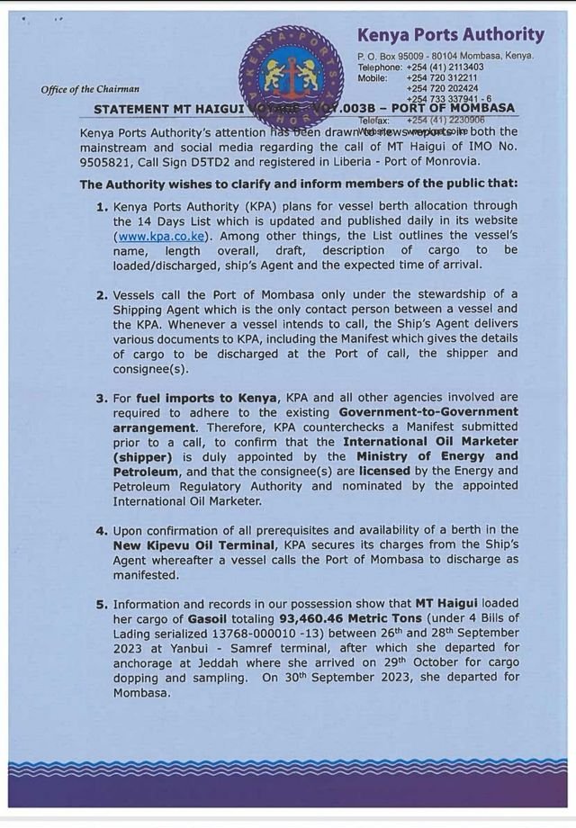 Kenya_Ports's tweet photo. Statement by KPA Chairman Hon @DaluTayari on MT HAIGUI to the port of Mombasa. https://t.co/5PqRuISLb3
