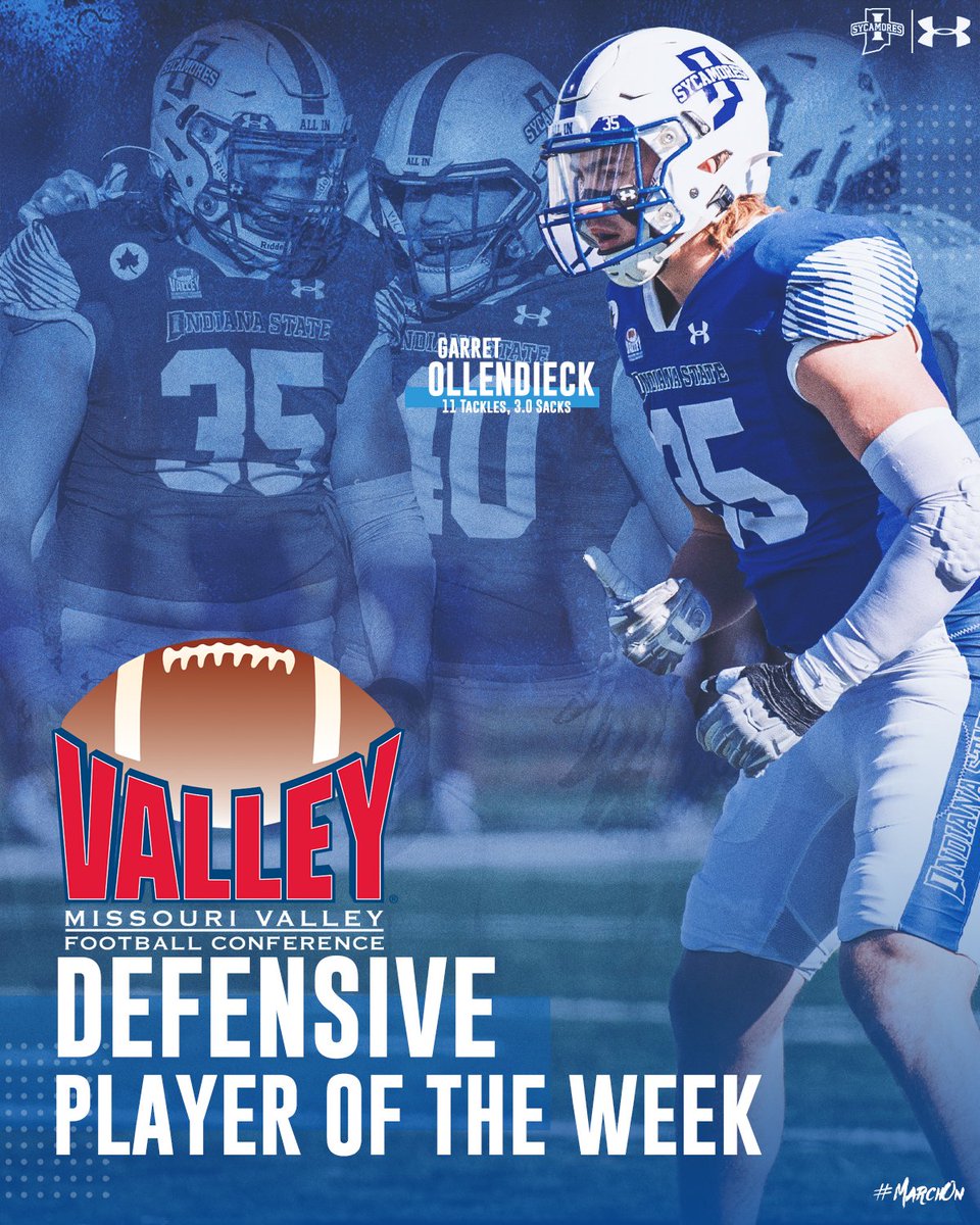 Indiana State Football (@indstfb) on Twitter photo .<a href="/GarretOlley/">Garret Ollendieck</a> named the #MVFC Defensive Player of the Week following his 11-tackle, 3.0-sack game this past weekend against Western Illinois
sycamor.es/4678haB
#MarchOn | #LeaveNoDoubt .<a href="/GarretOlley/">Garret Ollendieck</a> named the #MVFC Defensive Player of the Week following his 11-tackle, 3.0-sack game this past weekend against Western Illinois
sycamor.es/4678haB
#MarchOn | #LeaveNoDoubt