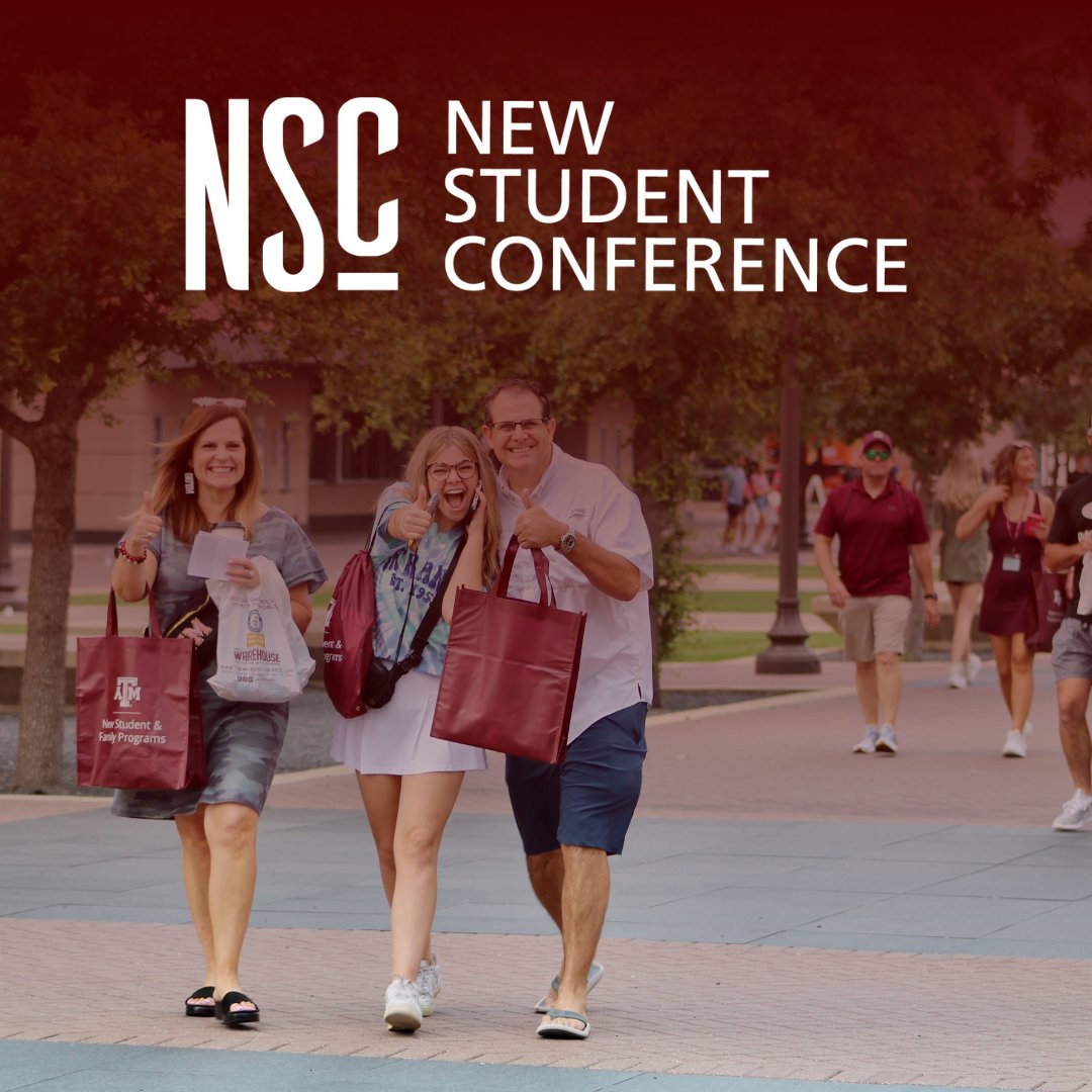 Howdy New Aggies! New Student Conference registration is now open for Spring 2024 and Fall 2024 admits. Head over to tx.ag/NSCDates for more information! If you have questions, call our office at 979.845.5826. We can't wait to meet all our New Aggies!!
