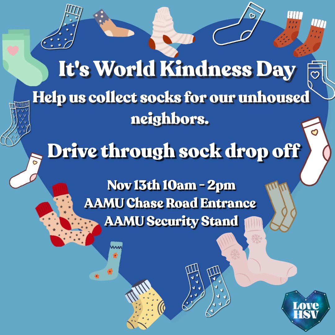 Today is the day! Share a drop of kindness and help us collect socks for our unhoused community members. 

Nov 13th 10am to 2pm drive through drop off at AAMU, Chase road entrance 
<a href="/WJAB_FM/">WJAB-FM</a> @wjabtv