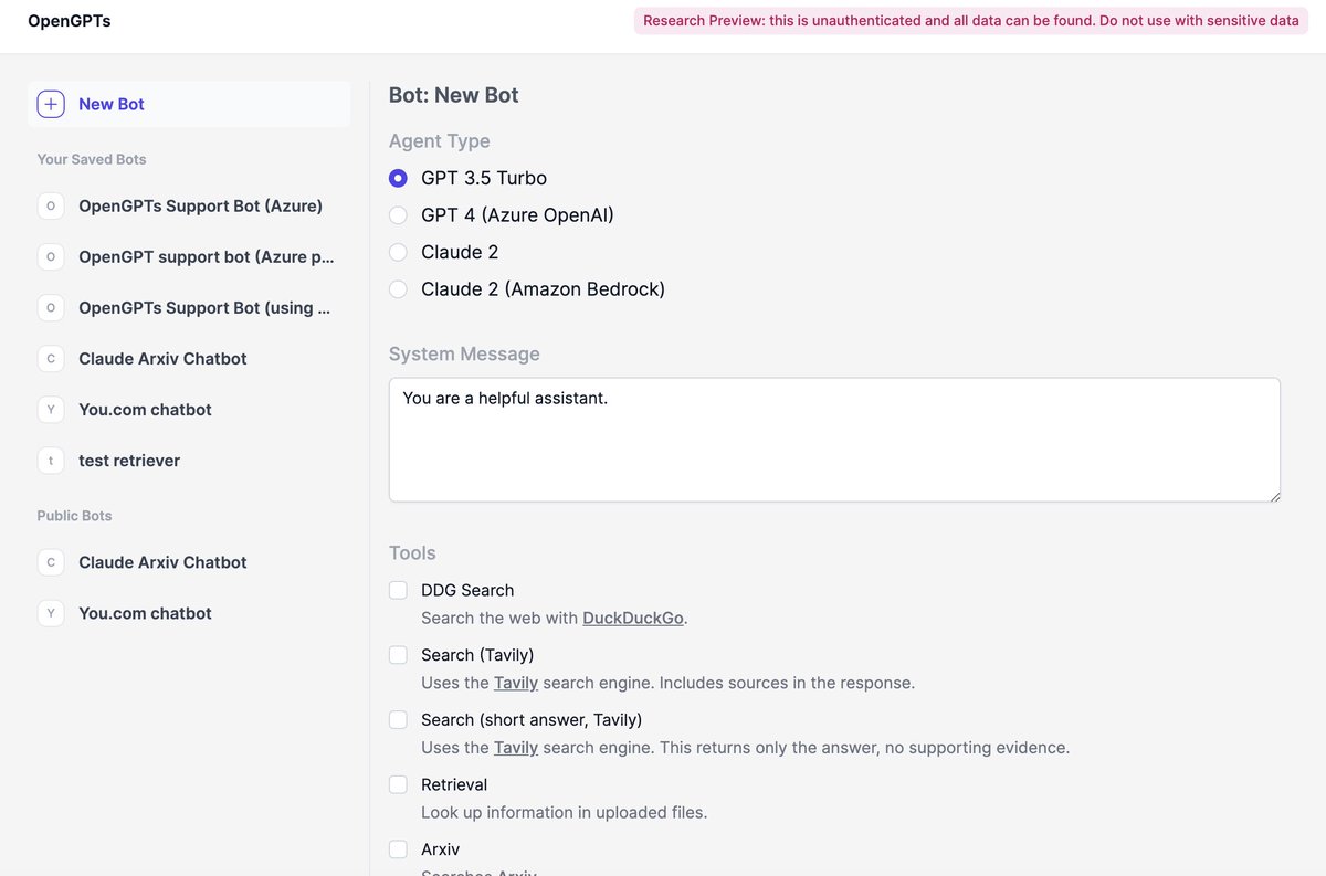 LangChain's tweet image. 🦜🤖OpenGPTs

Some big updates to OpenGPTs - an open-source, fully configurable GPTs experience

You can now:

📁Upload files to a retrieval tool (with full configurability over the ingestion, vectorstore, and retrieval used)
🌐Share public bots that you've created
🛠️Use more…