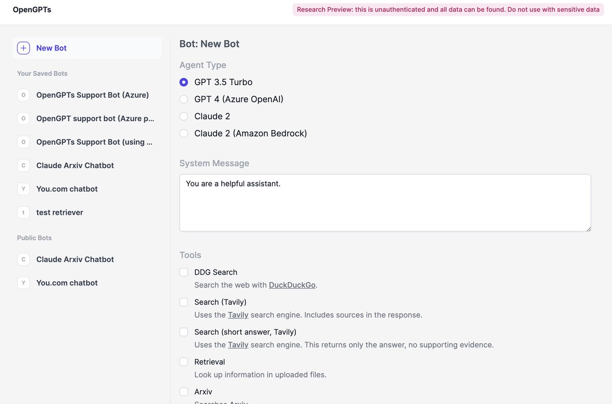 🦜🤖OpenGPTs Some big updates to OpenGPTs - an open-source, fully configurable GPTs experience You can now: 📁Upload files to a retrieval tool (with full configurability over the ingestion, vectorstore, and retrieval used) 🌐Share public bots that you've created 🛠️Use more
