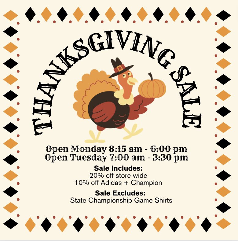 NEXT WEEK! We will be having our annual Thanksgiving sale! Extended hours and great deals! We will also have a $5 table! Come get your Westside gear! 
Monday 11/20
Tuesday 11/21