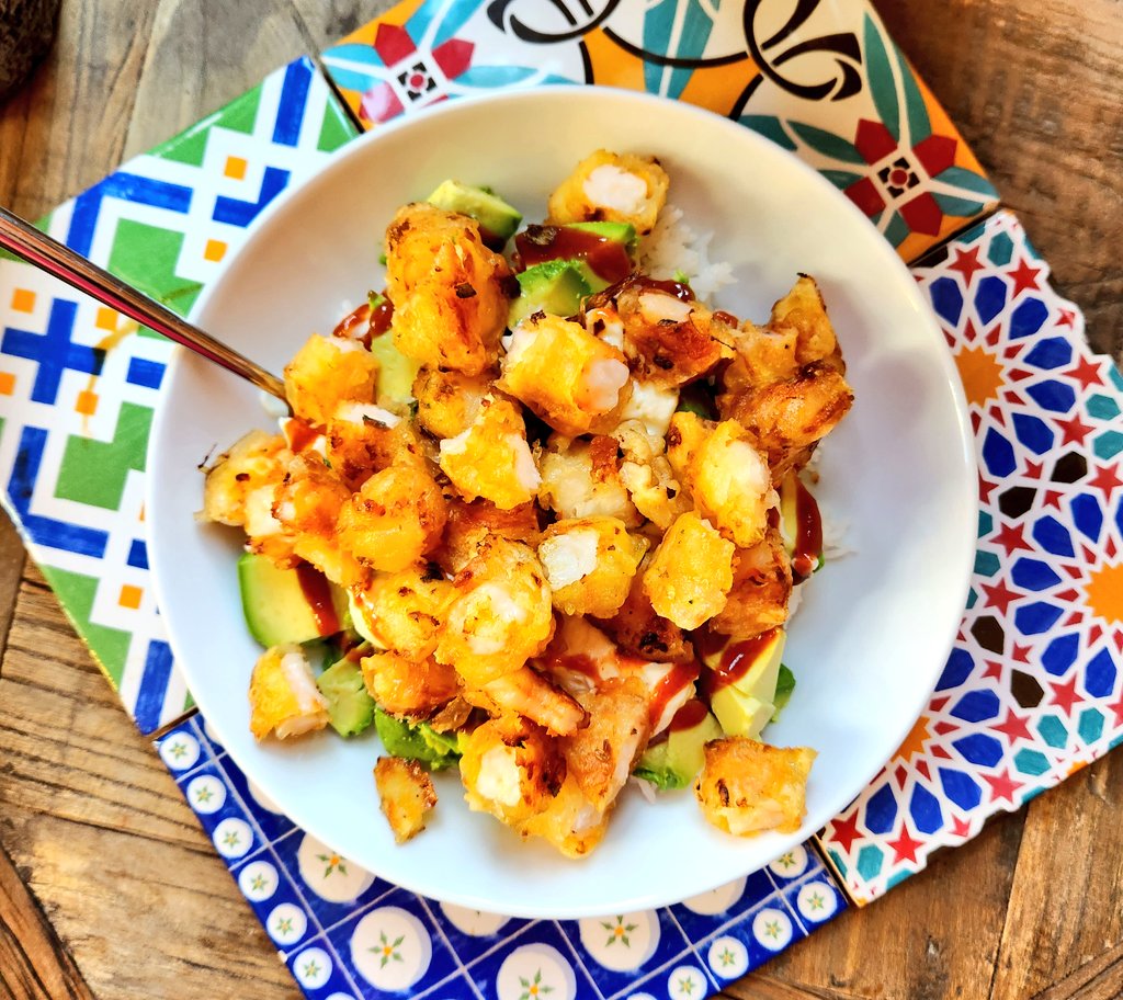 Yet another fantastic #cookbook #author #leftovers #lunch. #recycled #firecracker #shrimp from #pekinggourmetinn #avocado #spicymayo #rice. #delish