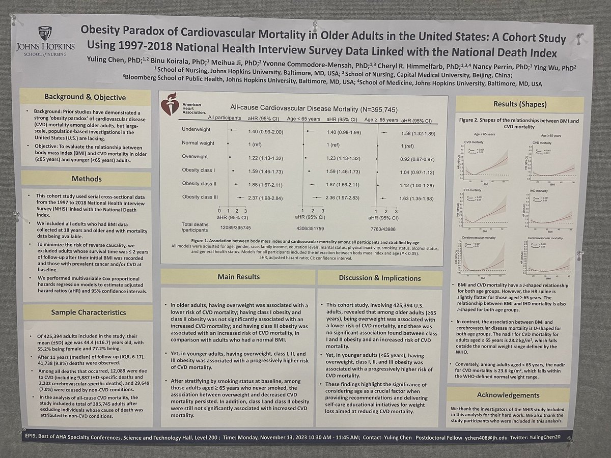Congrats Dr. @YulingChen20 on your exciting work using NHIS data! If you’re at #AHA23 check out the poster in the Best of AHA Specialty Conferences section! @CDH_JHU @JHUNursing