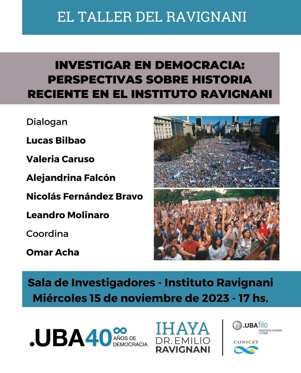 El miercoles 15 a las 17 hs. el investigador del IEHS Dr. Lucas Bilbao participará en el Taller: "Investigar en democracia: perspectivas sobre historia reciente en el Instituto Ravignani"
💻La grabación del evento se subirá en nuestro Canal de YouTube:  bit.ly/3pFrgYe