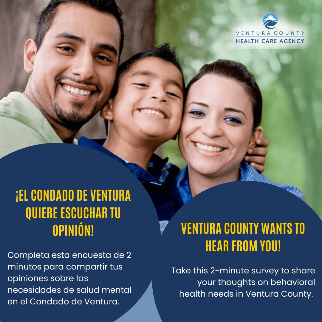 Ventura County Behavioral Health asks for two minutes of your time to complete a survey about local mental health and substance use service needs. Survey at: survey.alchemer.com/s3/7285783/VCH…