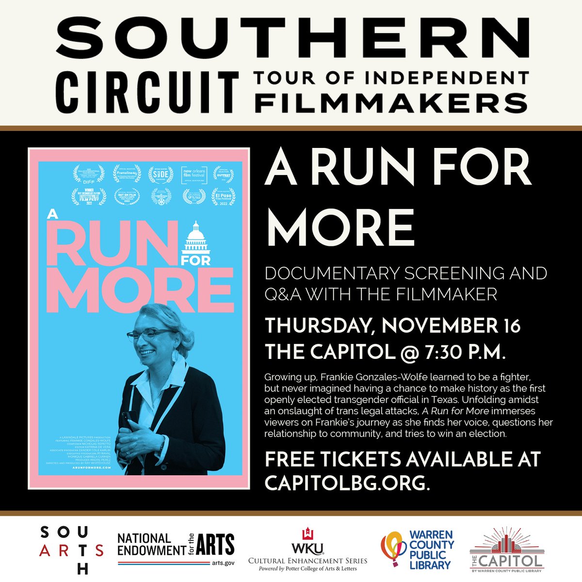 Join the PCAL Cultural Ehancement Series committee on Thursday, November 16th at 7:30 PM at the Capitol Arts Center downtown as we continue the Southern Circuit Tour of Independent Filmmakers Series here in Bowling Green with a showing of "A Run for More." A Q&amp;A will follow.