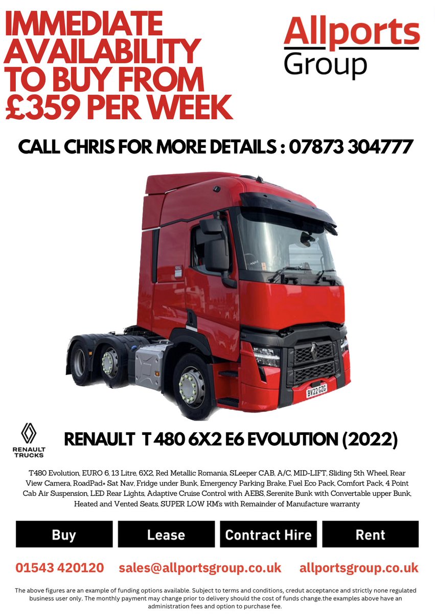 allportsgroup's tweet photo. IMMEDIATE AVAILABILITY TO BUY FROM ยฃ359 PER WEEK
Call Chris for more details: 07873 304777
#ImmediateAvailability #BuyNow #allportsgroup #RenaultTrucks https://t.co/KWLHhGRmwu