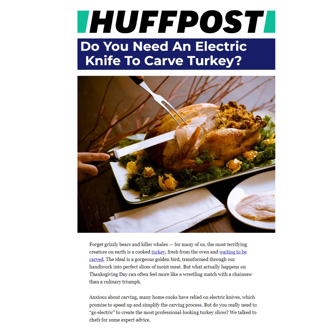 BrooksGroupPR's tweet photo. With Thanksgiving right around the corner, Huffpost asked clients Andrew Zimmern, Adrianne Calvo, Joe Isidori and Robert Irvine to dish on electric knives - click on the link in our bio to find out if they are worth the hype! https://t.co/oJUJiCj5xy