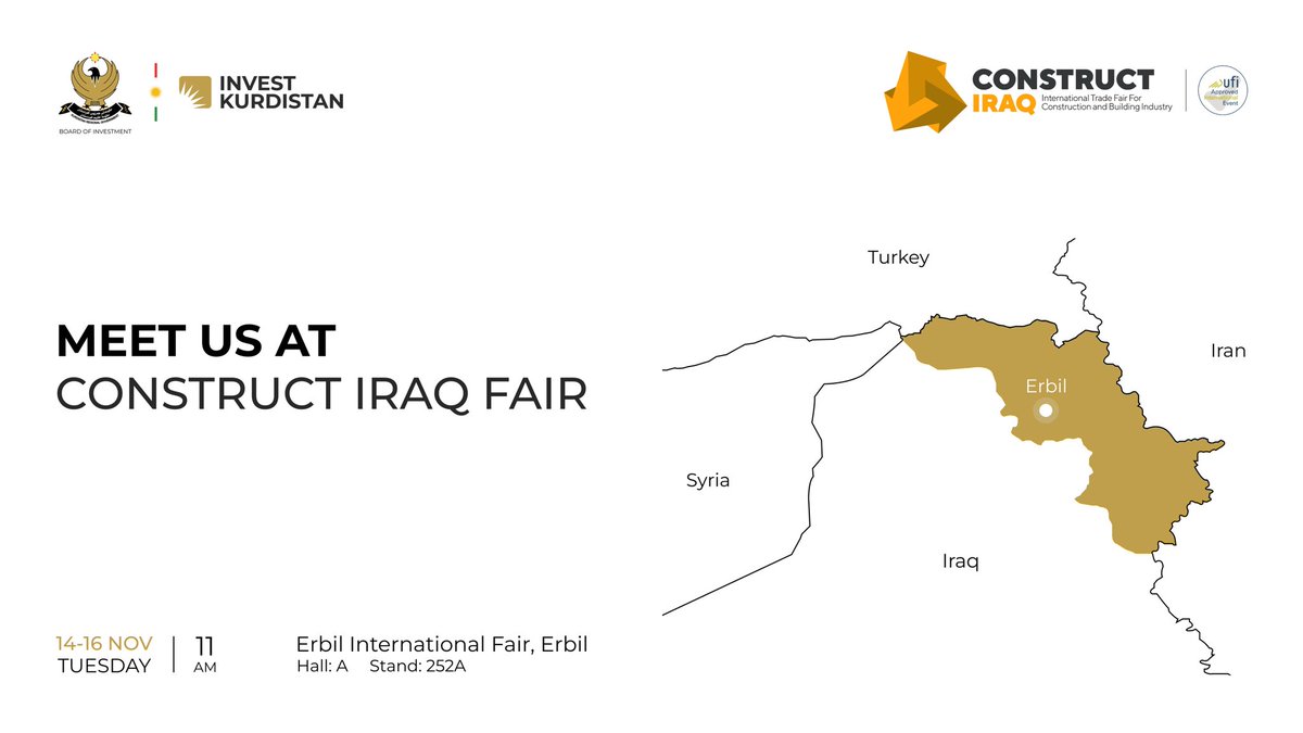 InvestKRI's tweet photo. Meet us at our construction stand in Erbil International Fairground. See you there!
#constructiraq #erbil #kurdistan #construct #exhibition https://t.co/X5hH2EF83G