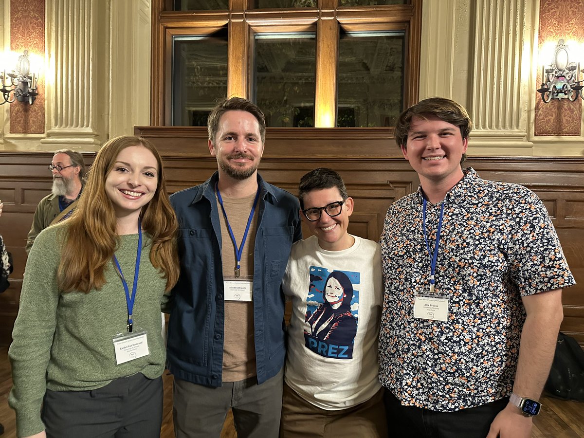 alexbruens's tweet photo. And that’s a wrap on #PSSI2023 #PeaceScience @PeaceScienceSoc!
Great to catch up with so many incredible scholars — and had to get the obligatory picture with my advisor (@jessicabraith) and colleagues (@theBraith @rdvannostrand) from @uazsgpp. Thanks for an incredible time! https://t.co/9BhQSnqm3i