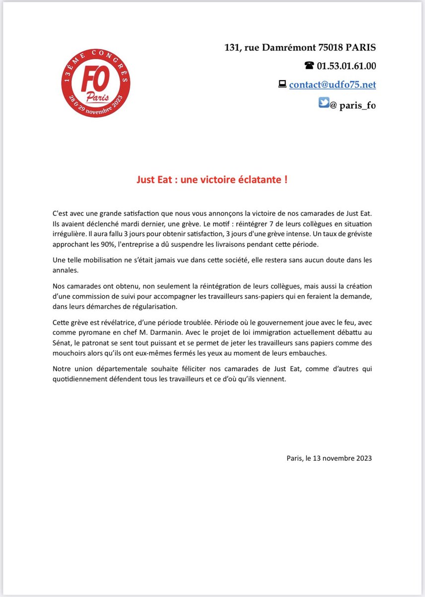 paris_fo's tweet photo. Communiqué @JustEatFr : Une victoire éclatante! 👏🏻 #Immigration @fo_justeat https://t.co/0JDtI4kG68