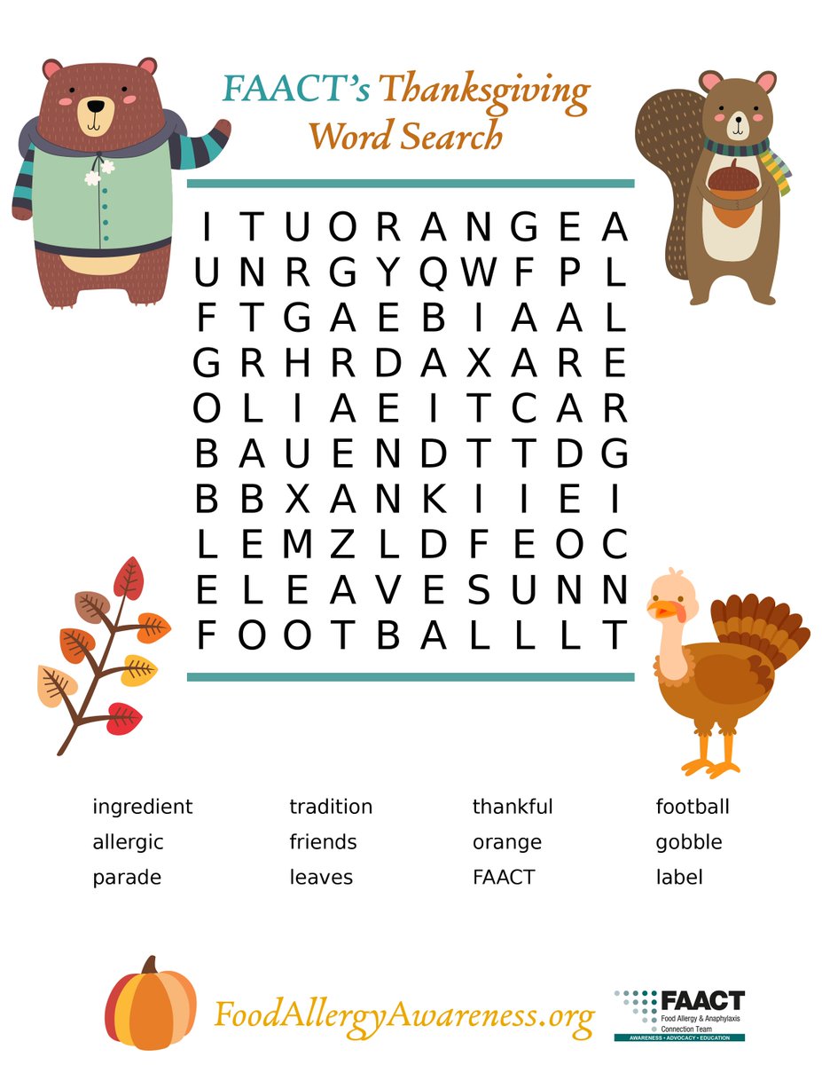 You won't want to miss #FAACT's #Thanksgiving-themed educational crossword puzzles and word searches. 

Visit FAACT to learn more:
buff.ly/3EJrCnL 

#FoodAllergy #Allergy #ThanksgivingKids #LearnTheFAACTs #KnowTheFAACTs #ShareTheFAACTs