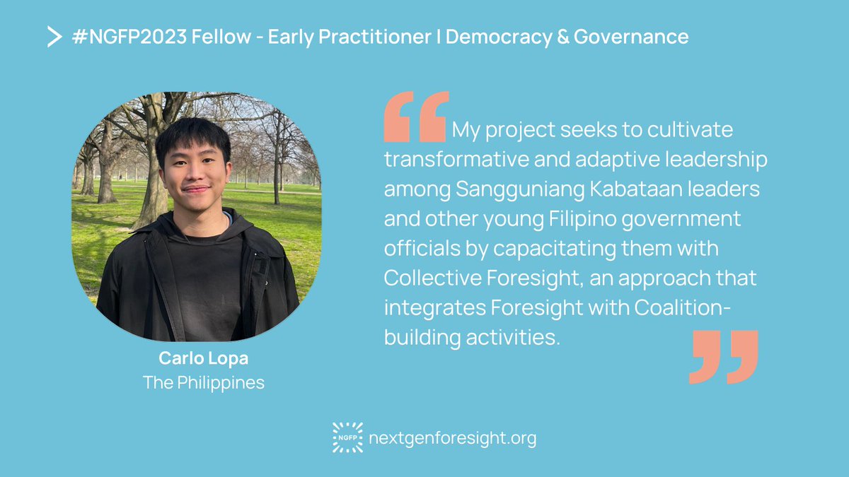 Let's meet Carlo, one of the early practitioners in this year's fellowship cohort. His #NGFP2023 project focuses on cultivating transformative and adaptive leadership for young Filipino government officials. Meet all the fellows: bit.ly/3QxeAj4 
 
#Democracy #Governance