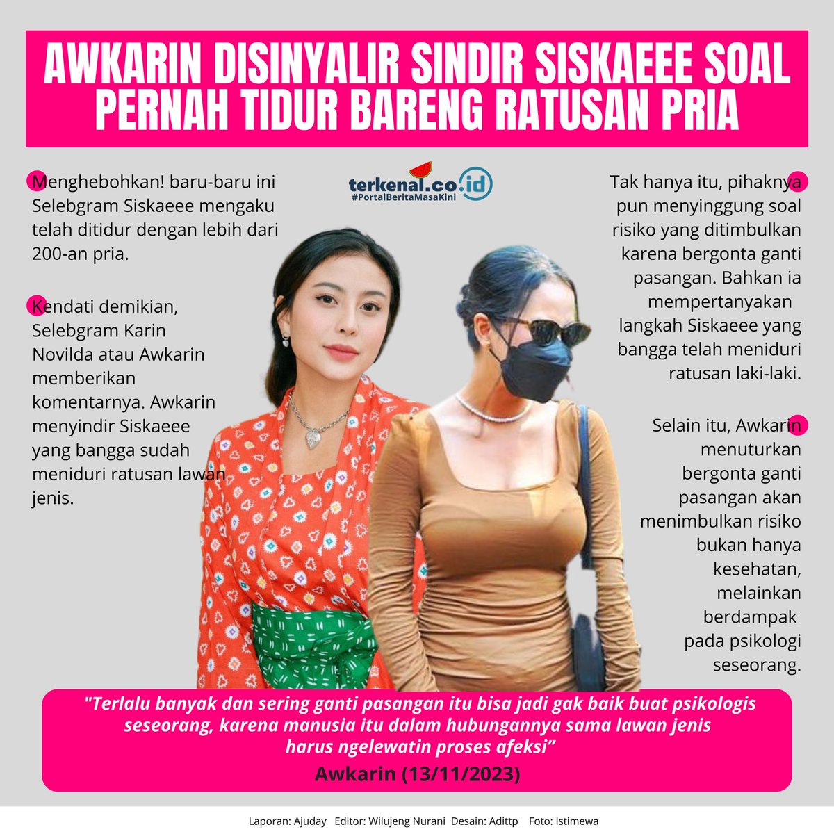 terkenalcoid's tweet image. Menghebohkan! baru-baru ini Selebgram Siskaeee mengaku telah ditiduri dengan lebih dari 200-an pria. Kendati demikian, Awkarin pun memberikan komentarnya. Awkarin disinyalir sindir Siskaeee yang bangga sudah meniduri ratusan lawan jenis.

#awkarin #siskaeee