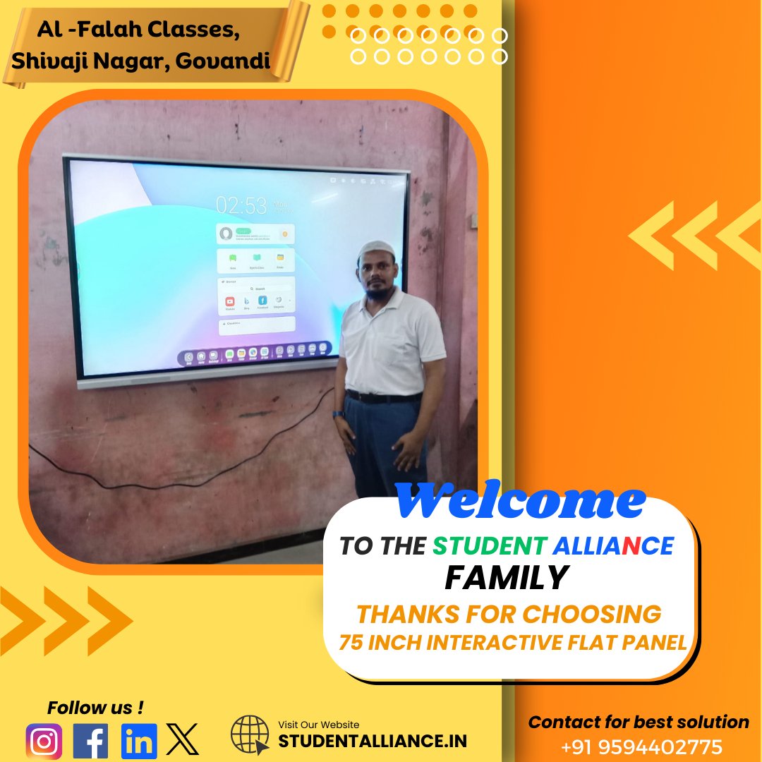 studentaliance's tweet photo. Al-Falah Classes is now a happy user of our interactive panel, and we warmly welcome them to our family!
Witnessing their students engage and learn with our technology warms our hearts.
#KhushiyonKiEnergy #EdTech #InnovationInEduction #smartboard #digitalboard #ifpd #ifpdpanel https://t.co/dHDe3GKU3J