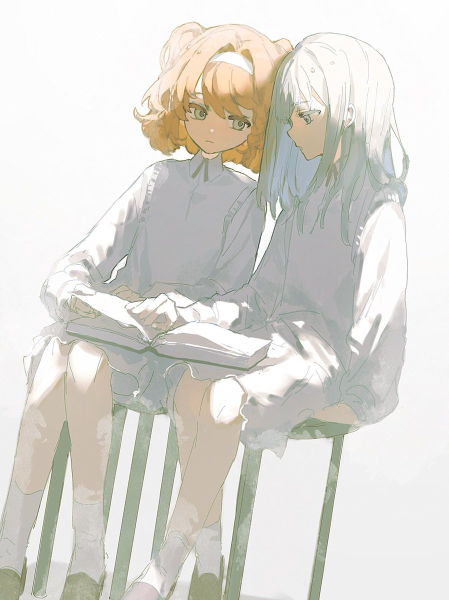multiple girls 2girls sitting book hairband socks white hair  illustration images