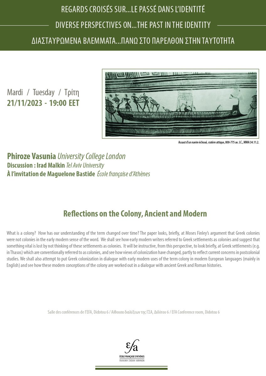 efathenes's tweet photo. 📆 21/11/23 #regardscroises
What is a colony? How has our understanding of the term changed over time? Come join us at the @efathenes to find out!
▶️ https://t.co/JPGR7ufI0o https://t.co/lQ1xLesRuV