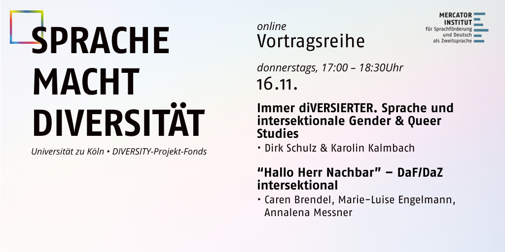🗓️ Es geht weiter mit der Online-Vortragsreihe SPRACHE - MACHT - DIVERSITÄT: 
Am 16.11. stehen zwei spannende Vorträge zu intersektionalen Perspektiven auf dem Programm. Alle Details zur Teilnahme über Zoom gibt es hier: tinyurl.com/226czna2