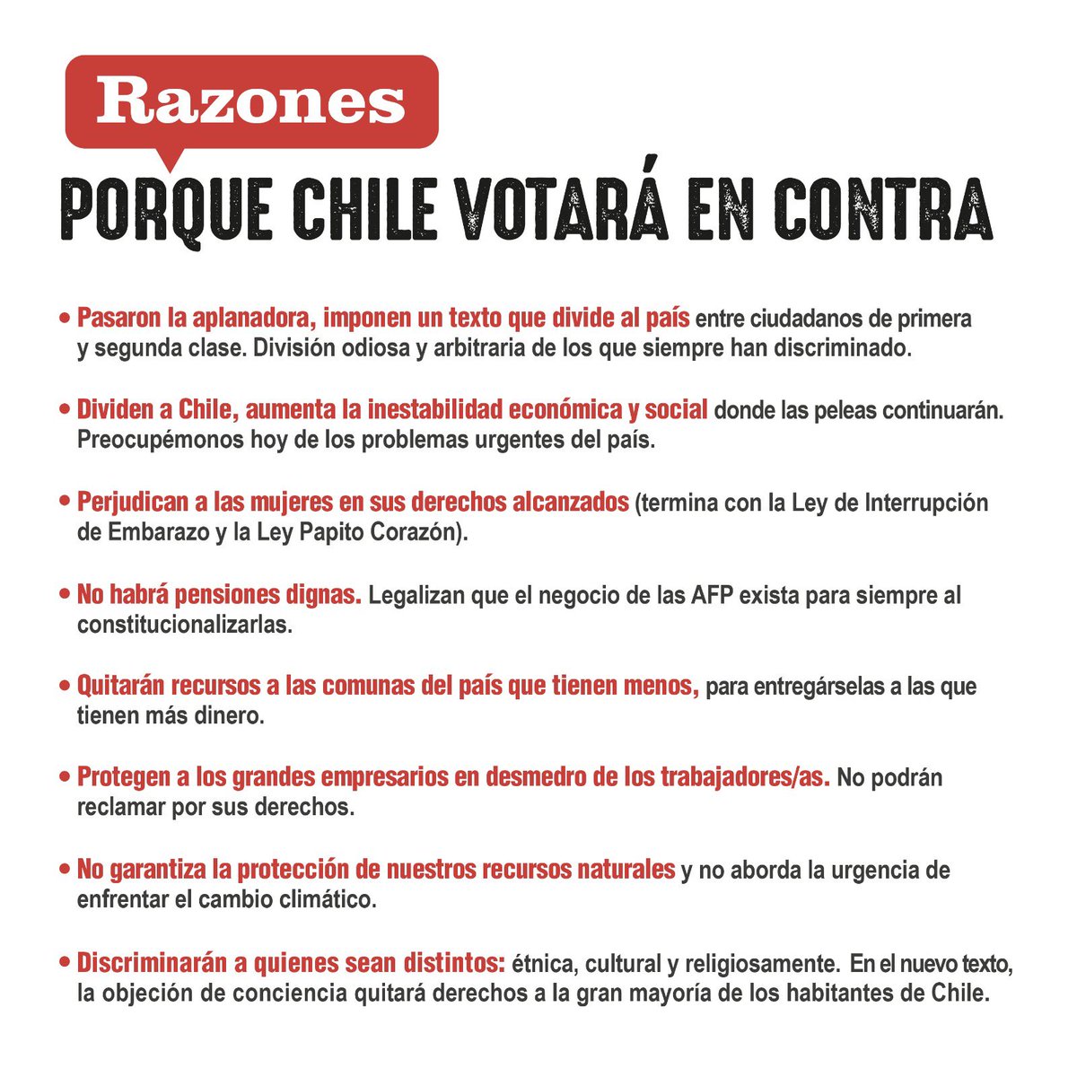 PSChile's tweet photo. Aquí están nuestras razones para votar En Contra!!

Porque no queremos un proyecto que empeore la vida de las y los chilenos, nuestro país no necesita un texto constitucional que genere más división.

Este 17 de diciembre Todo #ChileEnContra!! https://t.co/CR41xny9yg