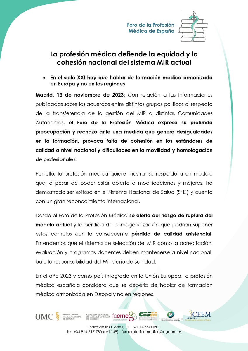 COMC_Oficial's tweet photo. Desde el @COMC_Oficial nos sumamos a la defensa de la equidad y la cohesión nacional del sistema MIR actual. 
Compartimos con plena identificación los motivos expuestos en el Foro de la Profesión Médica de España.
#MIR 👇 https://t.co/yBEdi346Ht