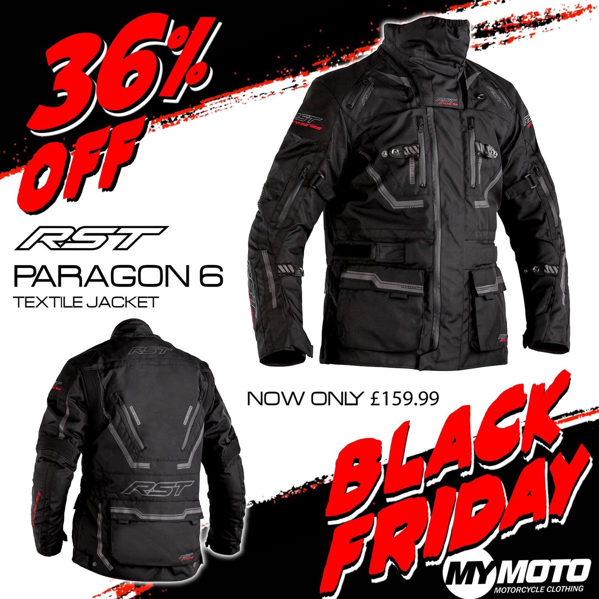 Get Bike show prices now without the cost of a ticket or parking!!

Our Black Friday Sale continues with this RST Paragon 6 textile jacket with a whopping 36% off, making it just £159.99 !!

Available in all MyMoto stores or on online via the link below -
dstoremanchester.co.uk/motorcycle-clo…