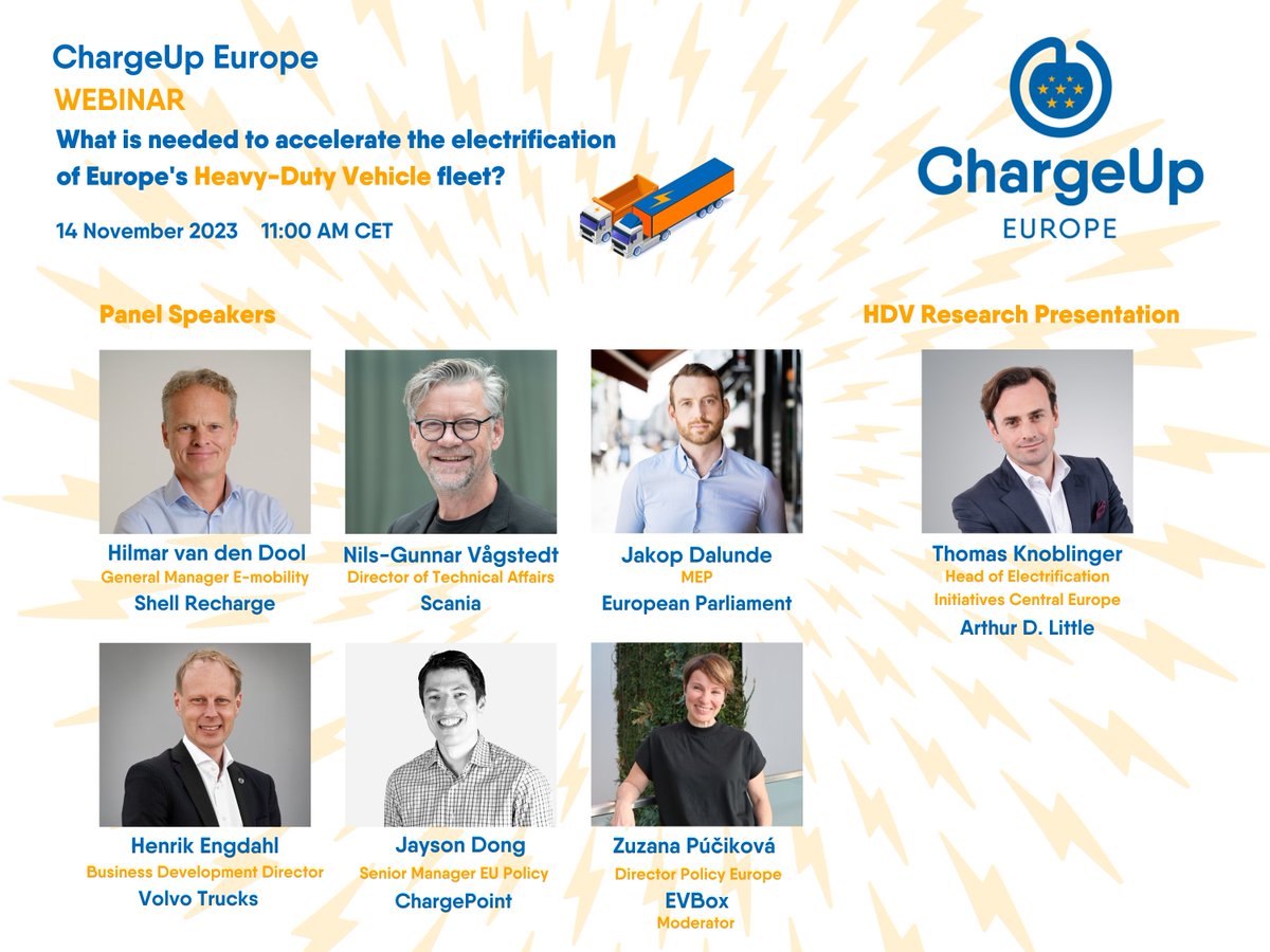 Tomorrow! ChargeUp Europe #webinar⚡🚚

📆 Date: 14 November 2023
🕒 Time: 11AM CET
🌐 Location: Online
📚 Topic: "What is needed to accelerate the electrification of Europe's Heavy-Duty Vehicle fleet?"

Register now: events.teams.microsoft.com/event/43b2a143…
 
Dont miss this power-packed webinar!