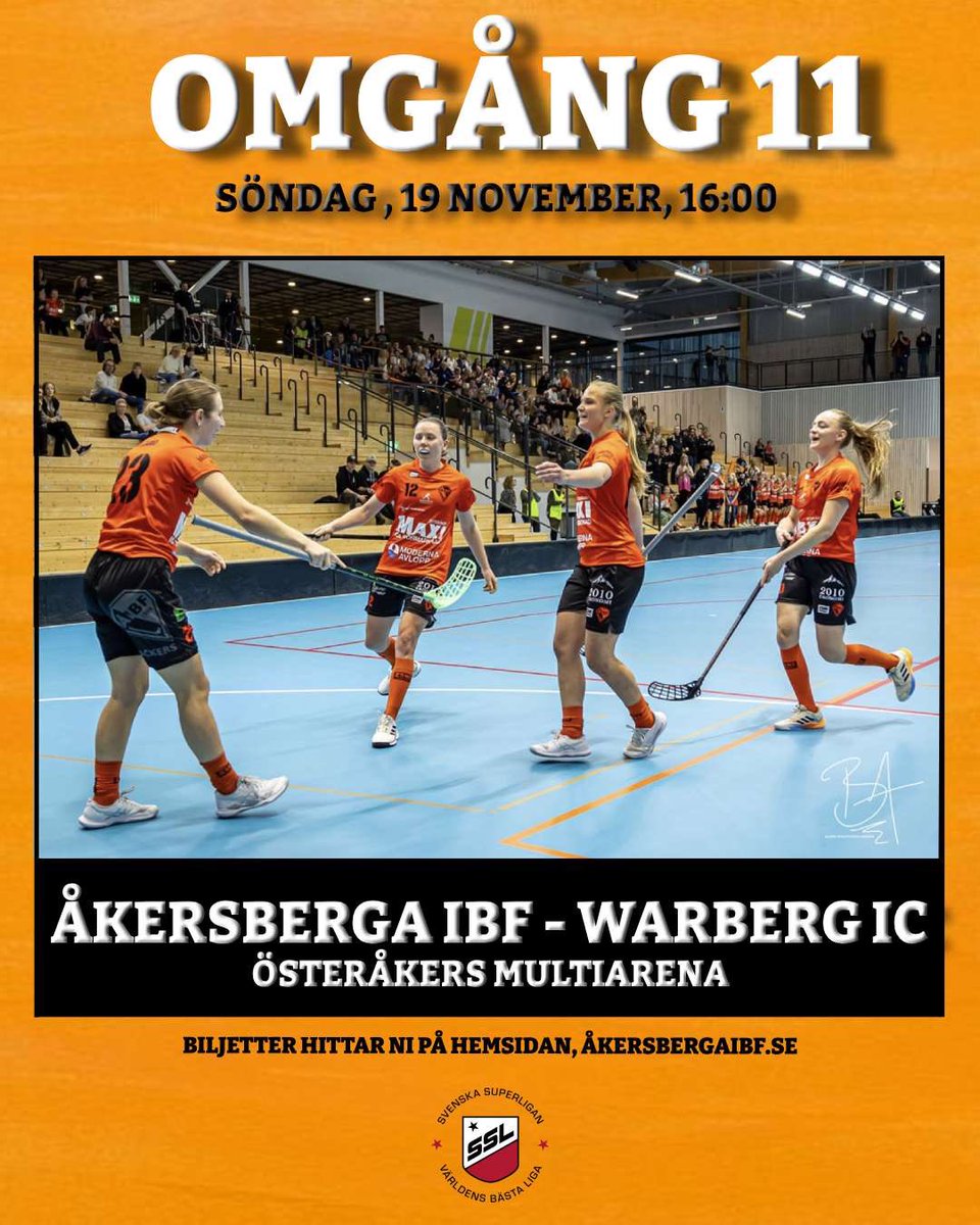 På Söndag är det dags för helgens hemmamatch när vi tar emot Warberg IC i omgång 11 i Svenska superligan! 🧡

🆚Warberg IC
⏰16:00
🏟️ Österåkers Multiarena
🎫 Biljetter finns att boka via hemsida, akersbergaibf.se
📺 Nu i Österåker &amp; Sportexpressenplay
