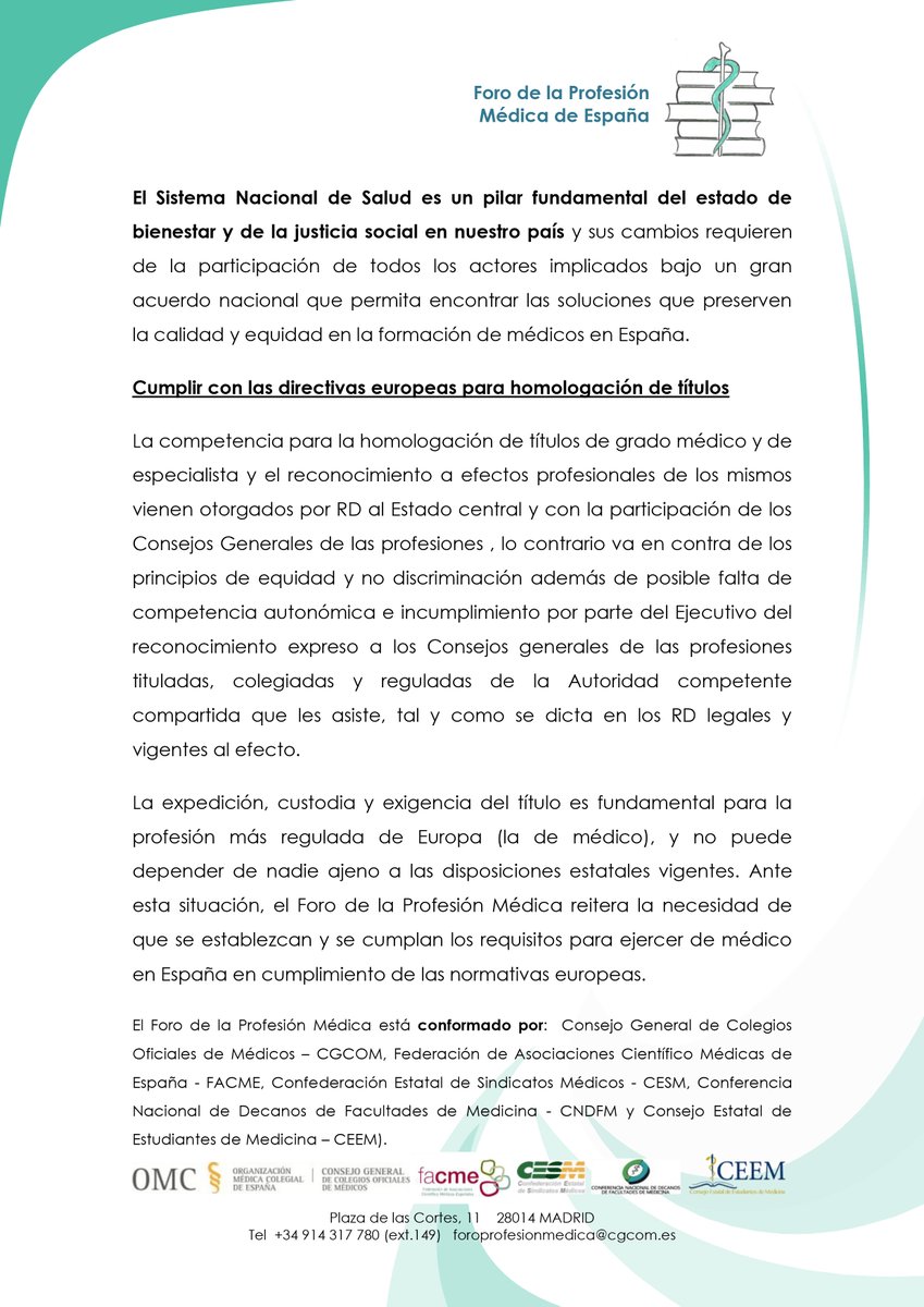 COMC_Oficial's tweet photo. Desde el @COMC_Oficial nos sumamos a la defensa de la equidad y la cohesión nacional del sistema MIR actual. 
Compartimos con plena identificación los motivos expuestos en el Foro de la Profesión Médica de España.
#MIR 👇 https://t.co/yBEdi346Ht