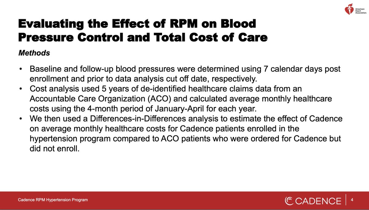 🚨Exciting data presented #AHA23. A study on 4,006 patients in 11 states showing significant reduction in Total Cost of Care AND improvement in clinical outcomes #Cadence First data supporting positive effect of an integrated RPM solution on reducing total $ for patients with HTN